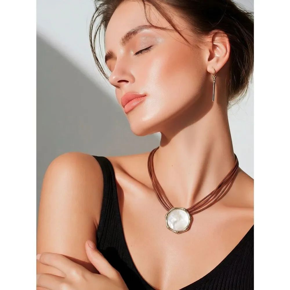 Mother of Pearl Pendant Necklace with Brown Multi-Strand Cord